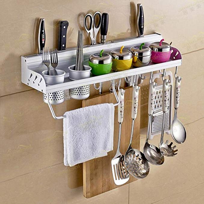 Multifunctional Wall Hanging Aluminum Kitchen Rack of Wall Shelf, Condiment Bottle Rack, Utensil/Pot/Pan Hanger Hook, Pot Organizer, Storage Rack and other Kitchen Gadgets (2 Cups)