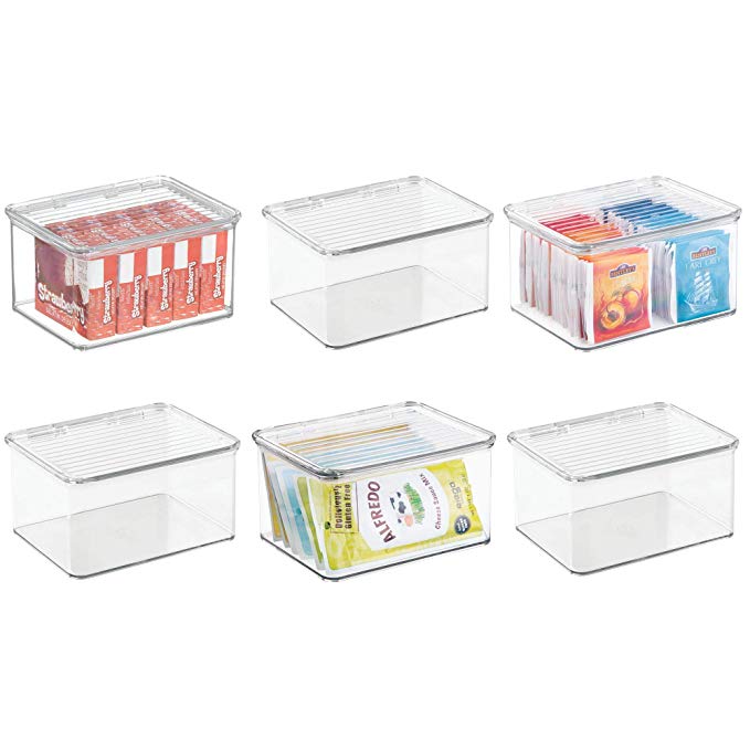 mDesign Stackable Kitchen Pantry Cabinet or Refrigerator Storage Bin with Attached Hinged Lid - Compact Storage Organizer for Coffee, Tea and Food Packets, Snacks - BPA Free, Pack of 6, Clear