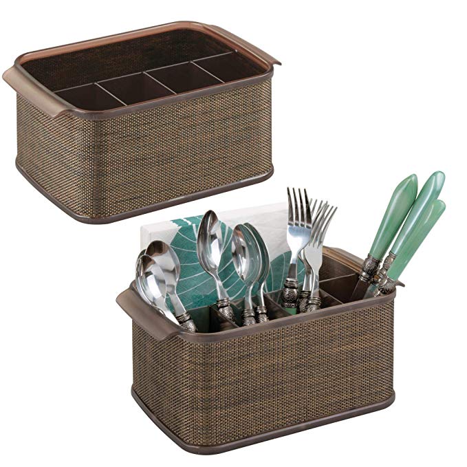 mDesign Silverware, Flatware Set Utensil Napkin Caddy Holder Organizer for Kitchen Countertop Storage, Outside Outdoor Dining Buffet Picnic Table - Pack of 2, Bronze/Sand