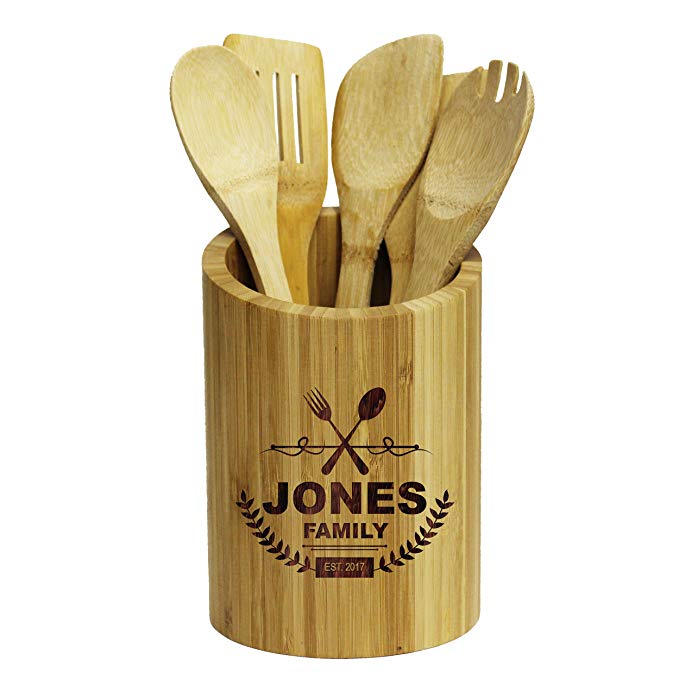 Engraved Kitchen Tool Utensil Storage Holder - Gifts for Her, Couples, Housewarming for New Home - Custom Personalized for Free